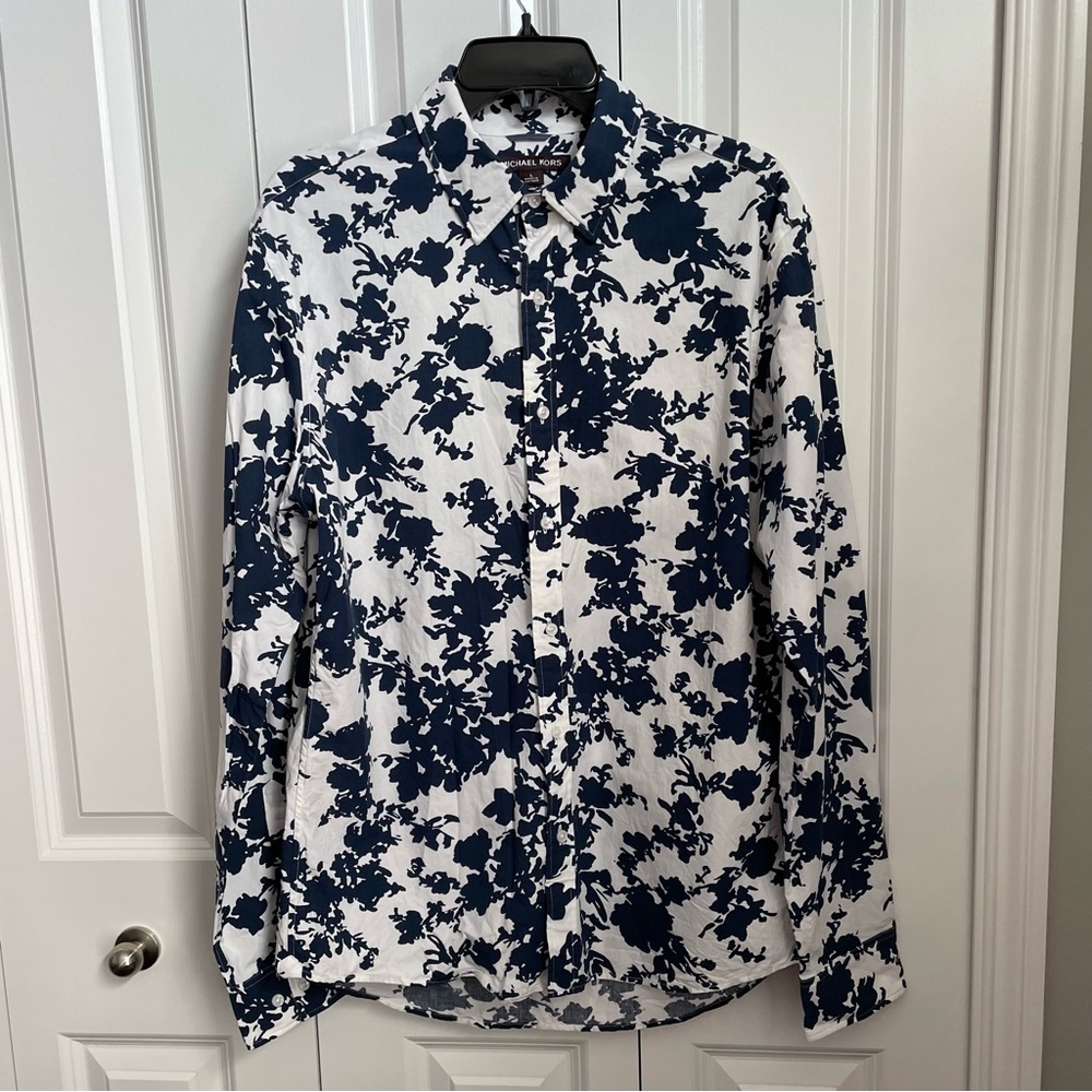 Michael Kors Men’s Navy and White Floral Long Sleeve Button Down Shirt